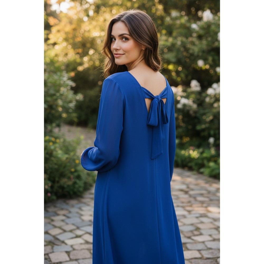 NINE WEST Royal Blue V Neck Long Sleeve Tie Back Shift Dress Women's Size S